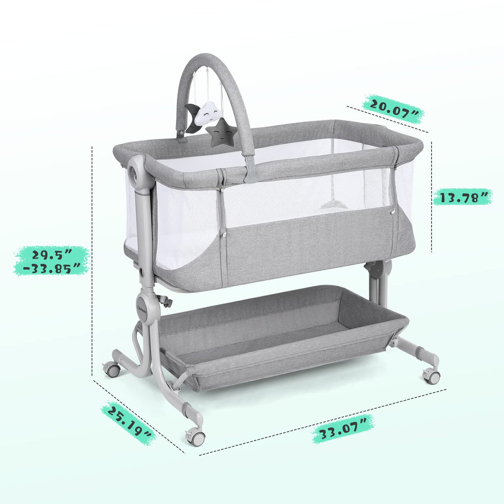 Cowiewie bassinet adjustable height ensures cozy alignment with parents' bed.