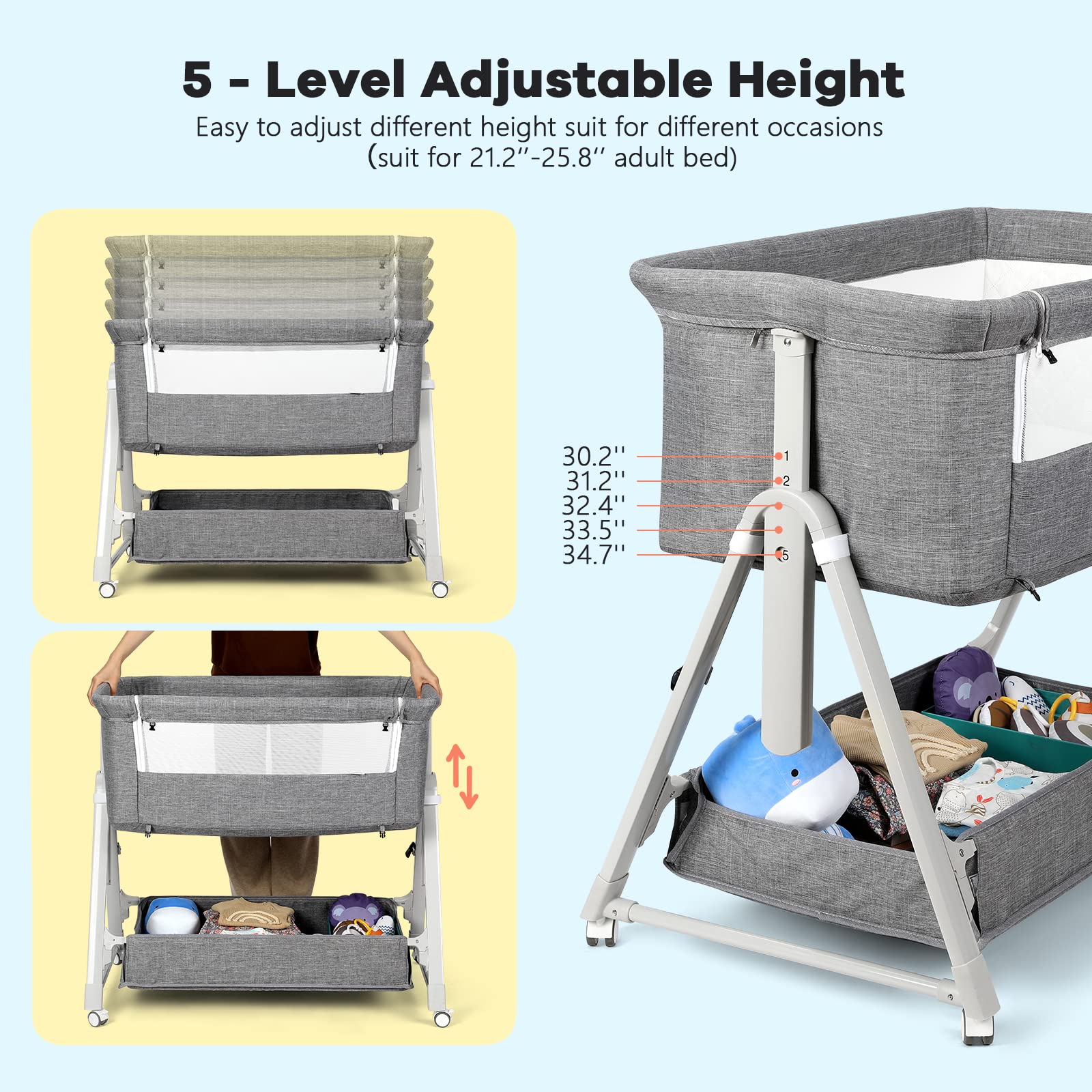 Cowiewie Bassinet height adjustment 5 level demonstrates bed alignment with standard mattress