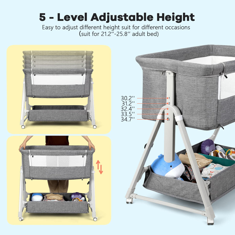 Cowiewie Bassinet height adjustment 5 level demonstrates bed alignment with standard mattress