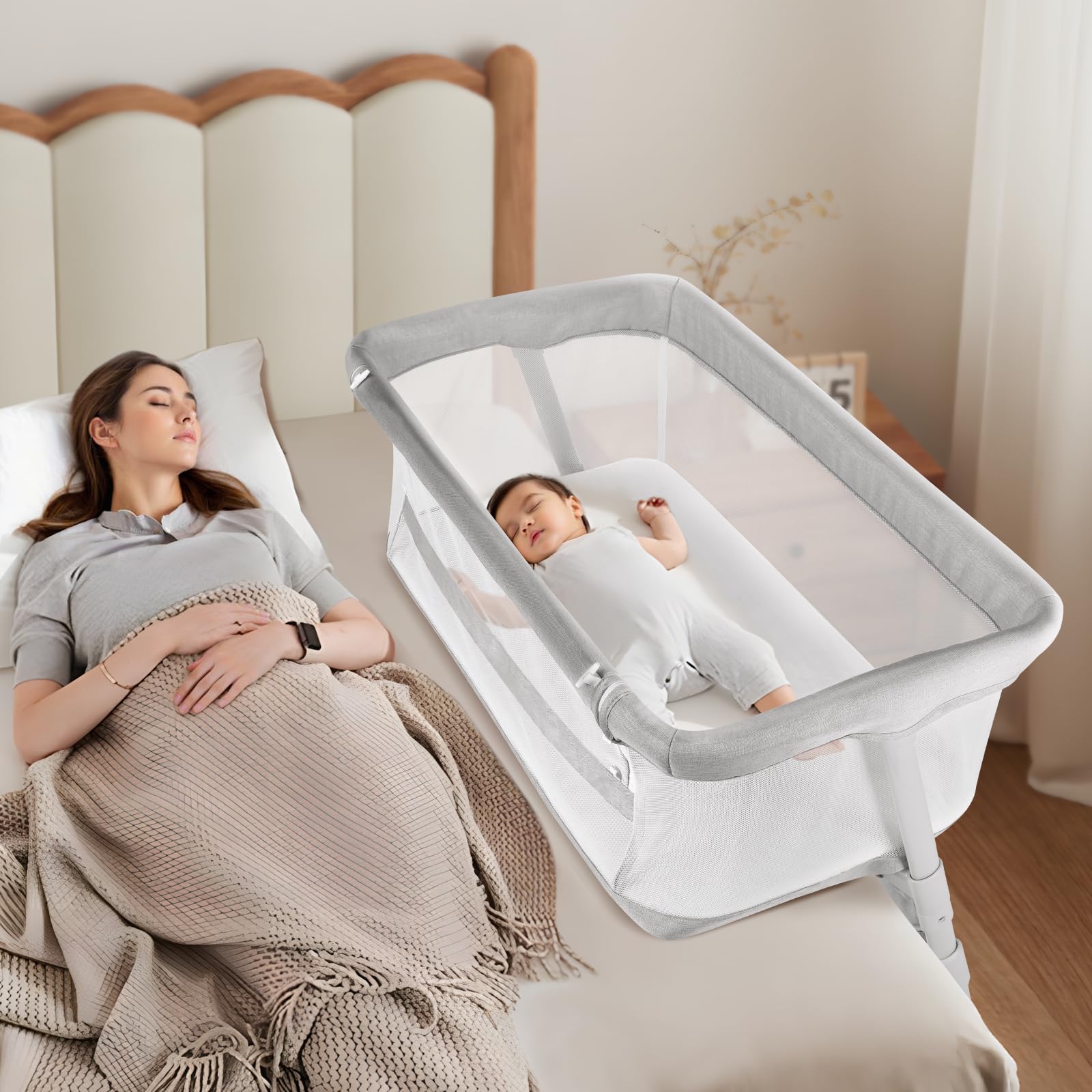Cowiewie bassinet height-adjustment shows versatile bedside placement for safer night feeds