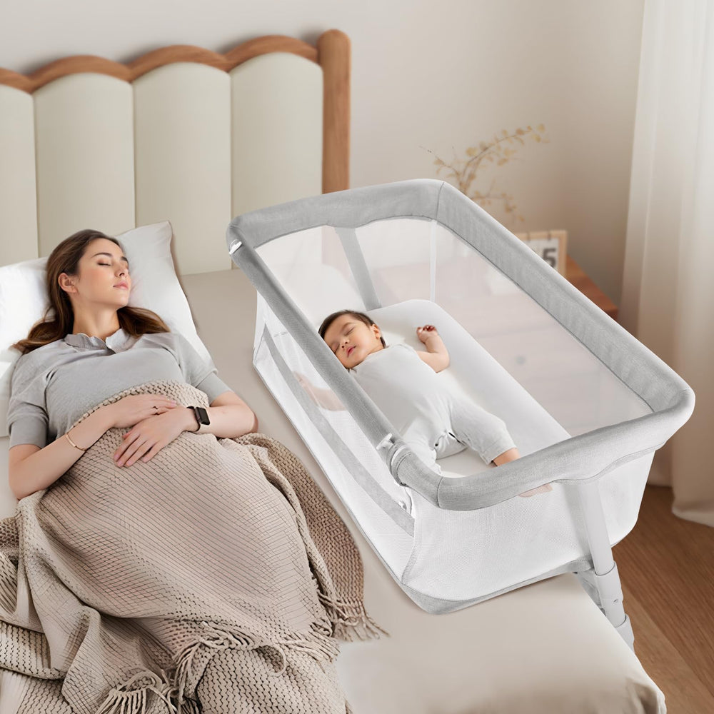 Cowiewie bassinet height-adjustment shows versatile bedside placement for safer night feeds