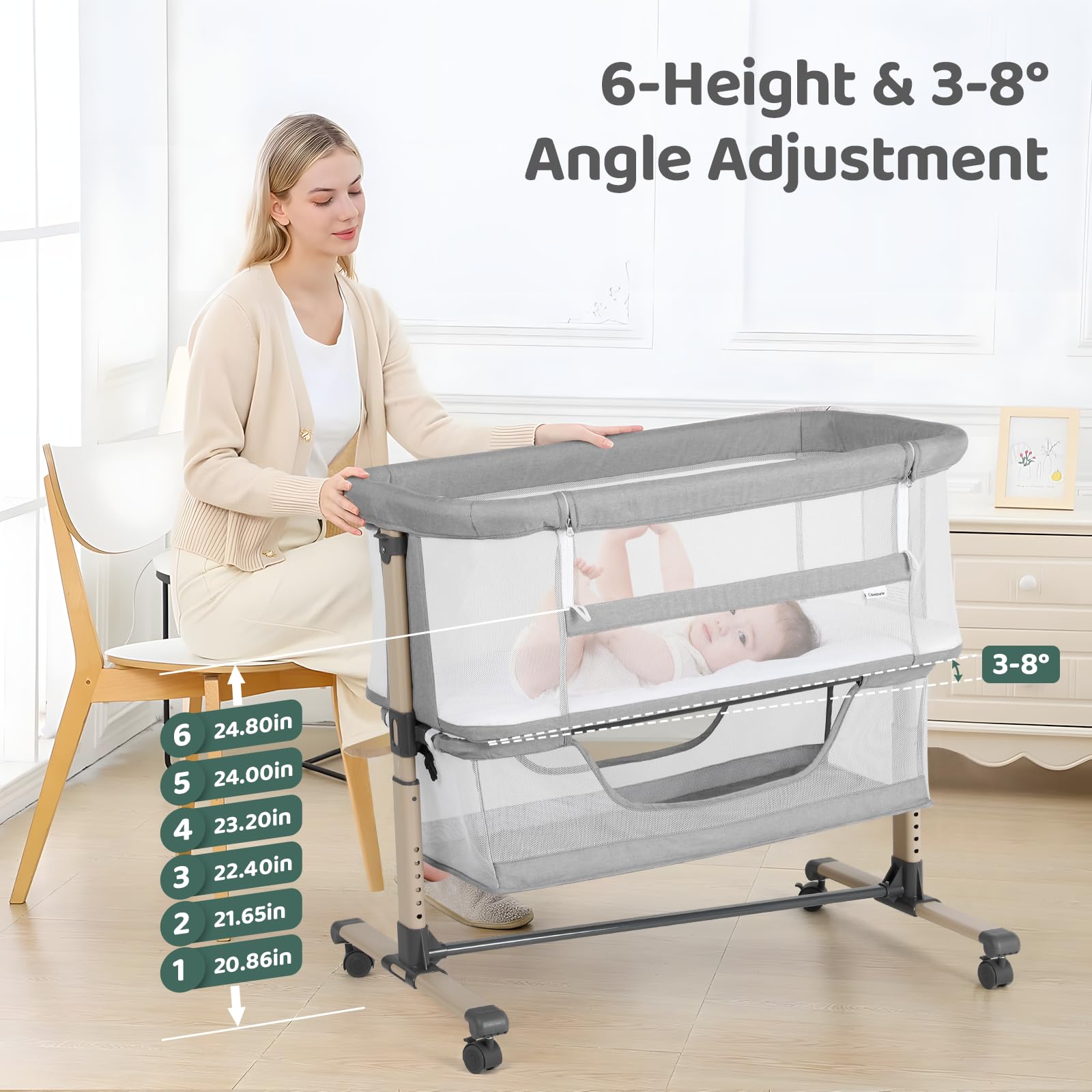 Cowiewie bassinet height adjustments illustrate six levels matching bed height for easy feeds