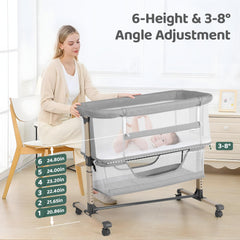 Cowiewie bassinet height adjustments illustrate six levels matching bed height for easy feeds