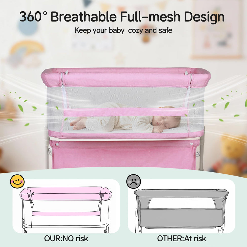 Cowiewie Bassinet height-range-positions adapts to different bed heights.