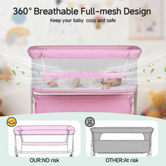 Cowiewie Bassinet height-range-positions adapts to different bed heights.