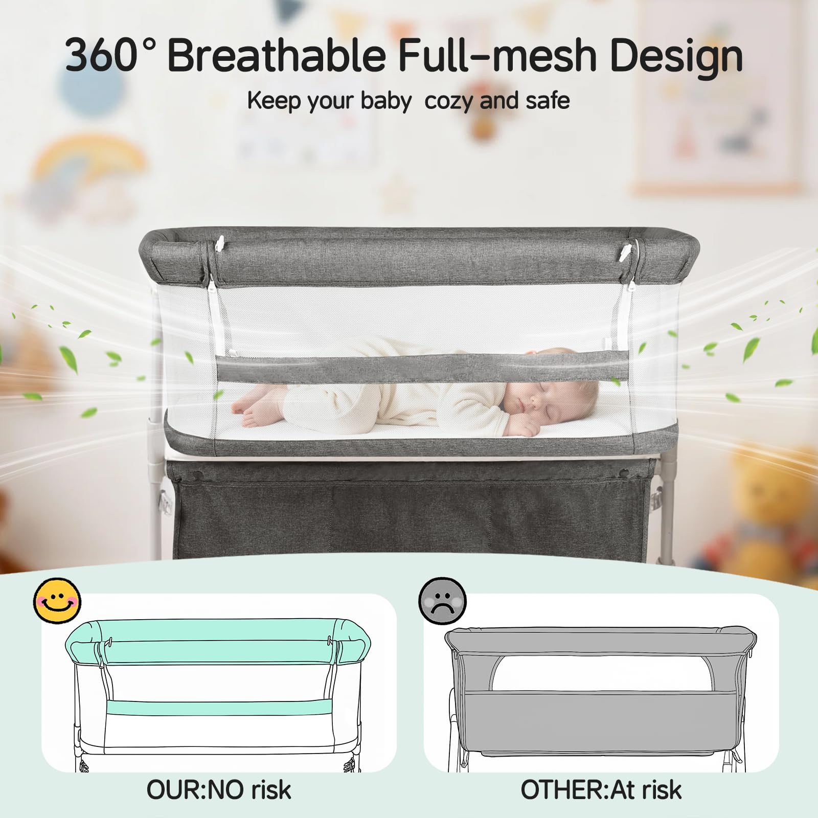Cowiewie Bassinet with L-shaped legs glides under a bed, saving space