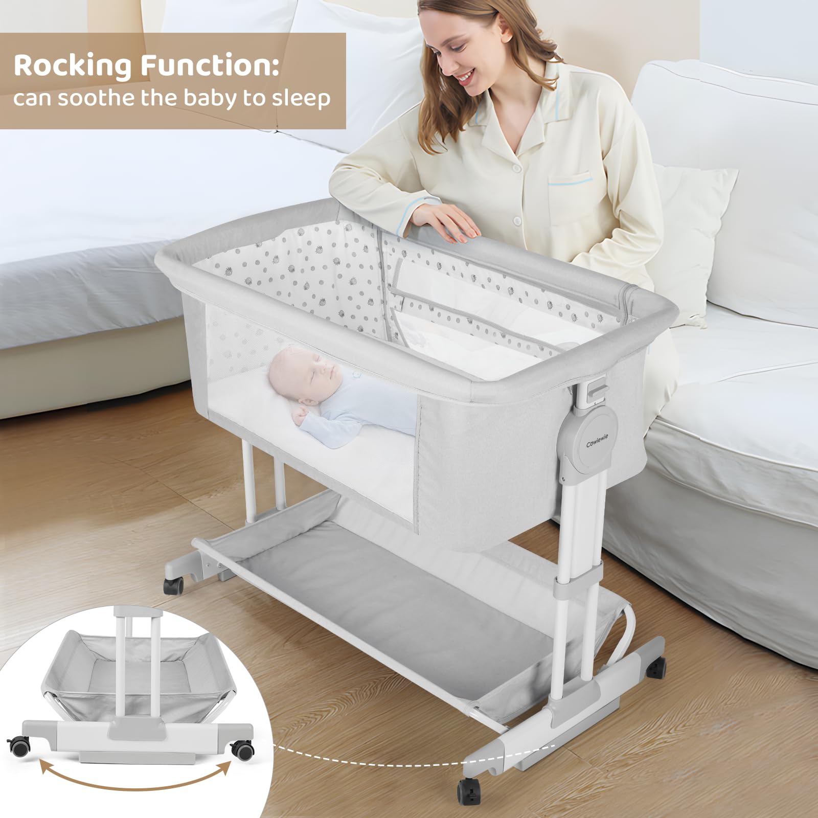 Cowiewie bassinet rocking motion soothes fussy sleepers.