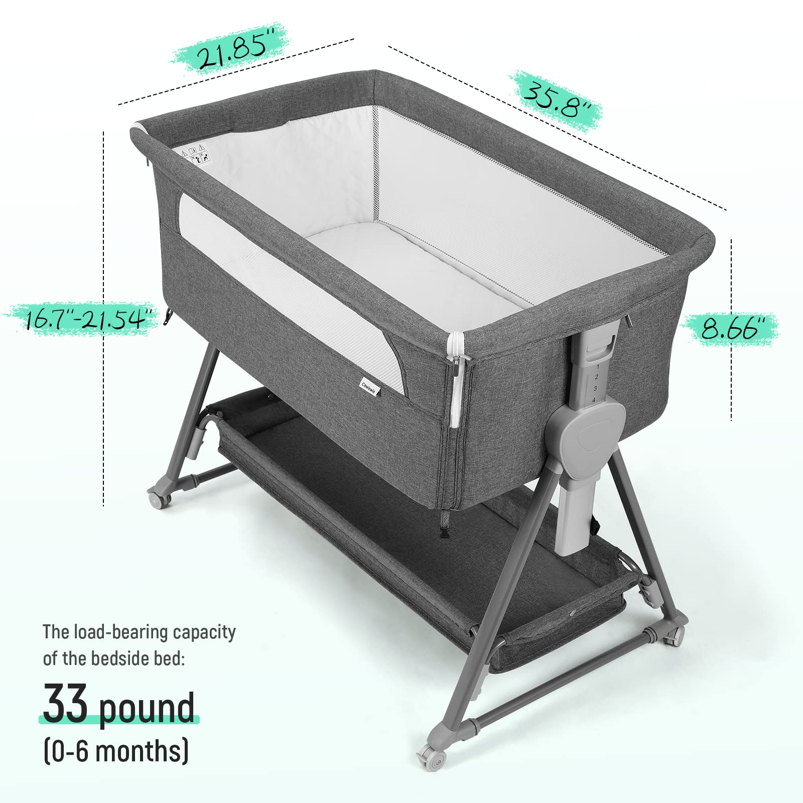 Cowiewie bedside bassinet features XL storage basket for diapers and wipes.