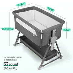 Cowiewie bedside bassinet features XL storage basket for diapers and wipes.