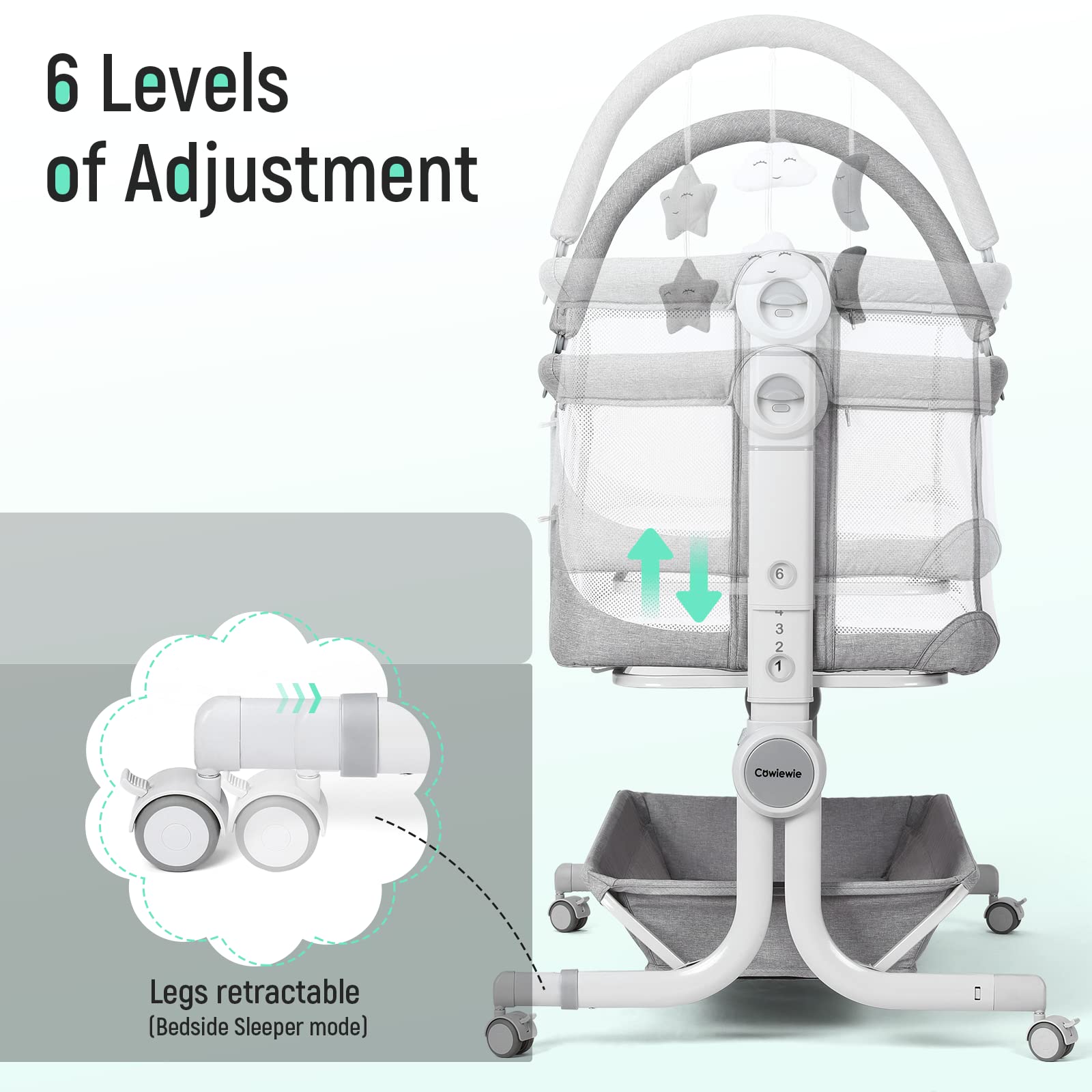 Cowiewie bassinet storage basket provides stability and convenient essentials within reach.