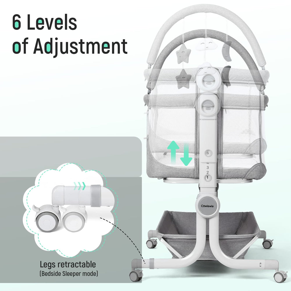 Cowiewie bassinet storage basket provides stability and convenient essentials within reach.