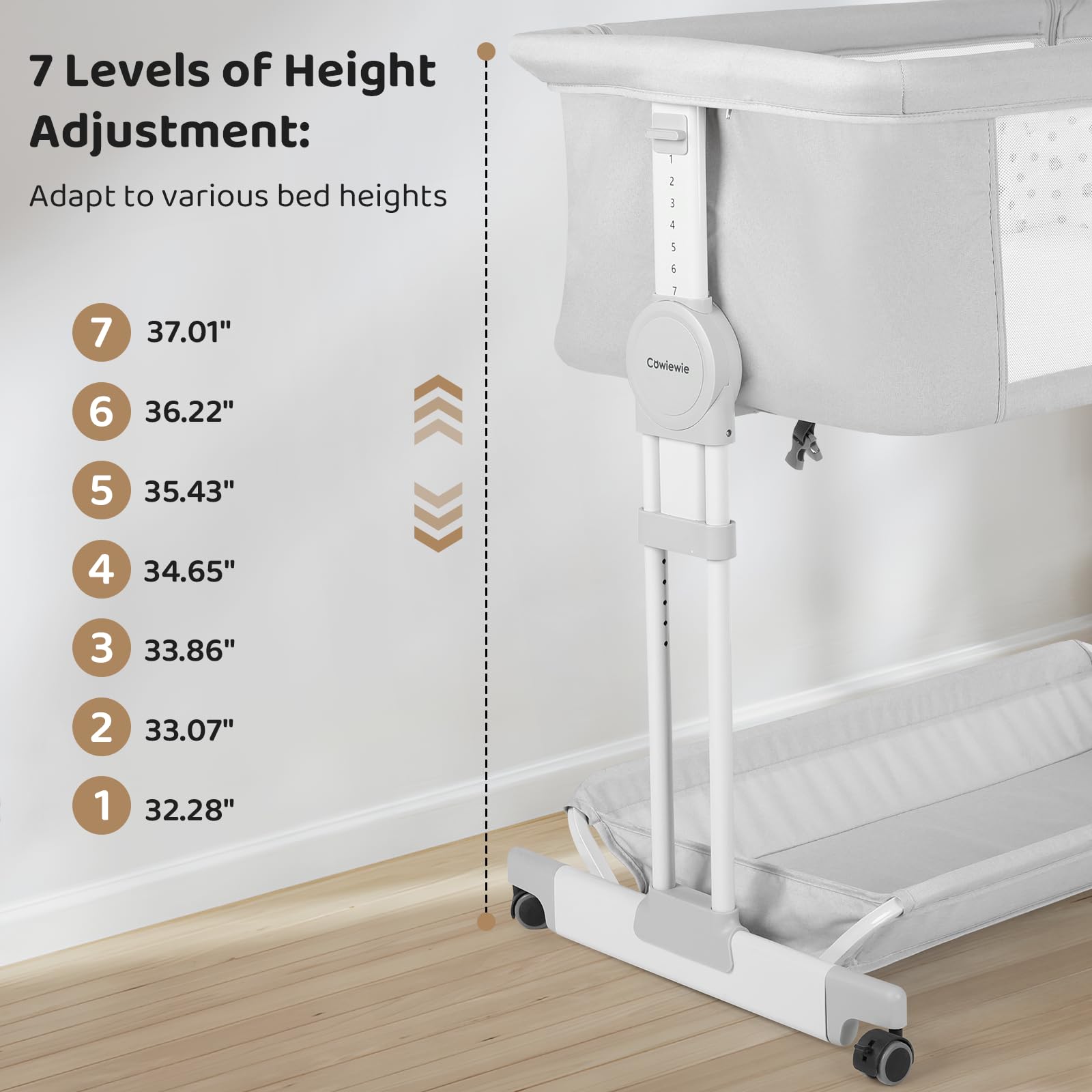 Cowiewie bassinet with wheels enables easy room-to-room movement.