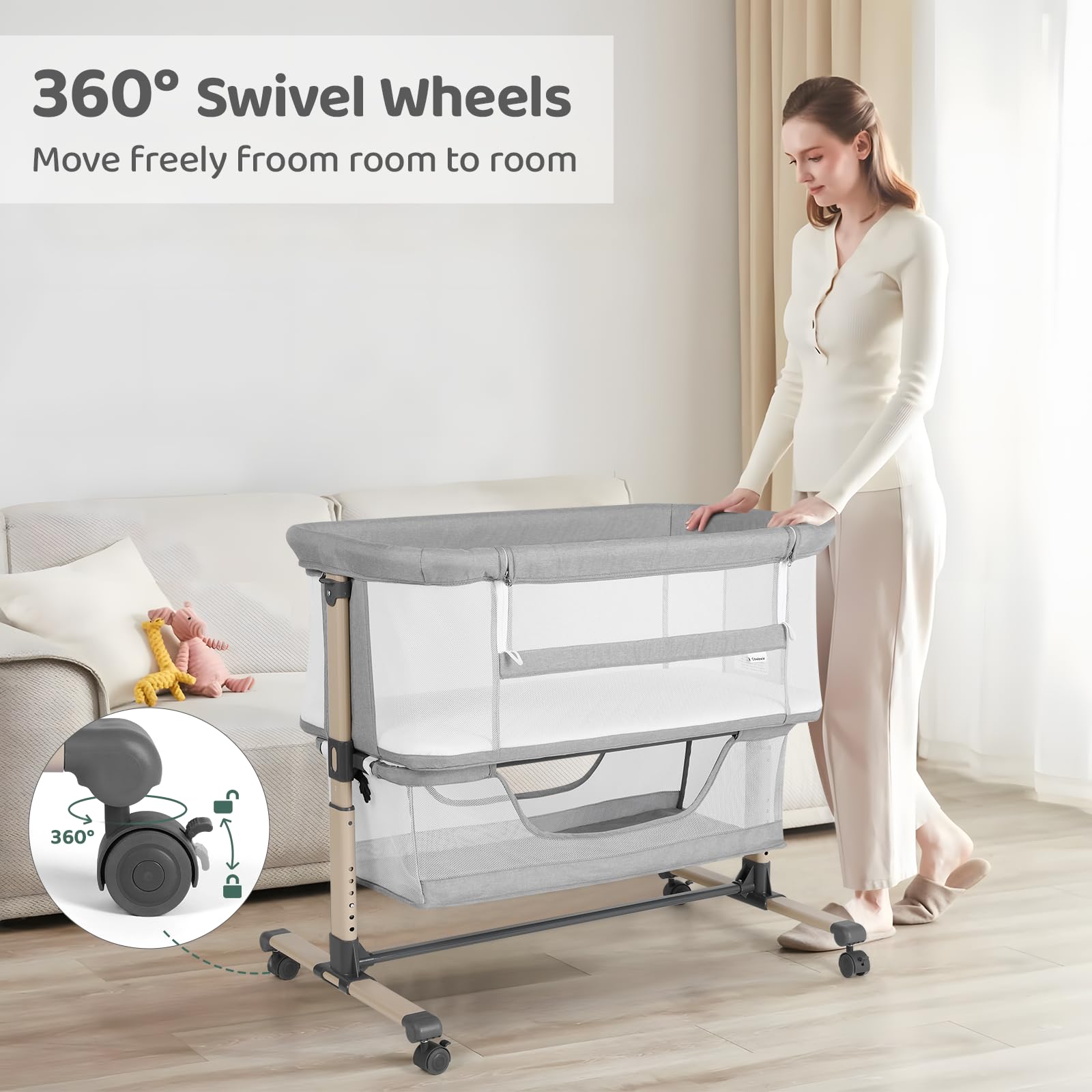 Cowiewie bassinet with four wheels enables safe room-to-room mobility