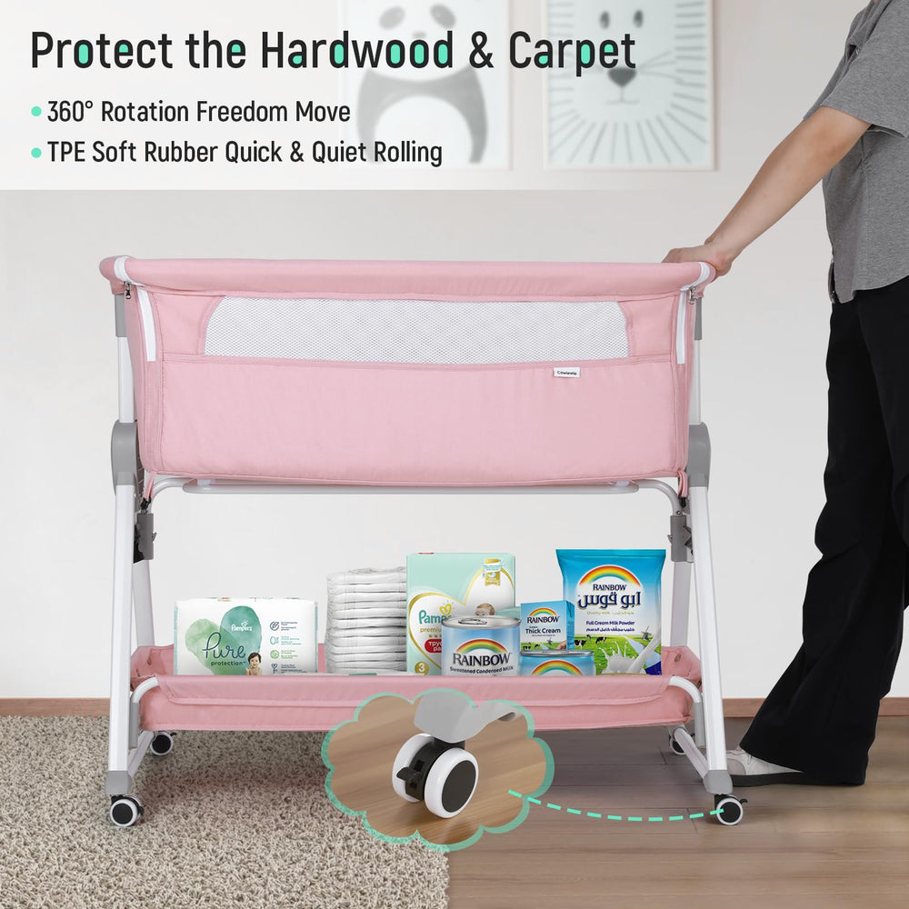 Cowiewie Bassinet XL storage basket keeps diapers and wipes within reach.