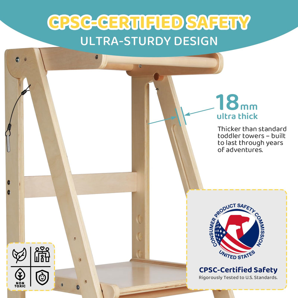 Cowiewie Foldable Toddler Tower used by parents with child nearby for early steps.
