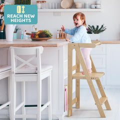 Cowiewie Foldable Toddler Tower showing armrest lock for safety.
