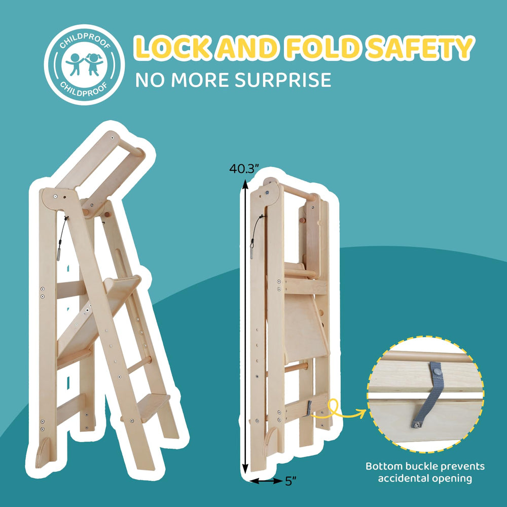 Cowiewie Foldable Toddler Tower folded compactly for space-saving storage.