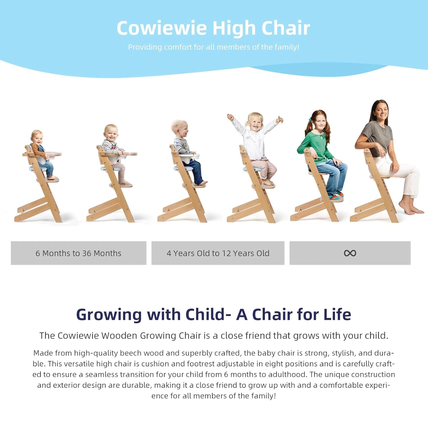 Cowiewie high chair blue footrest adjustment supports growing legs during dining.
