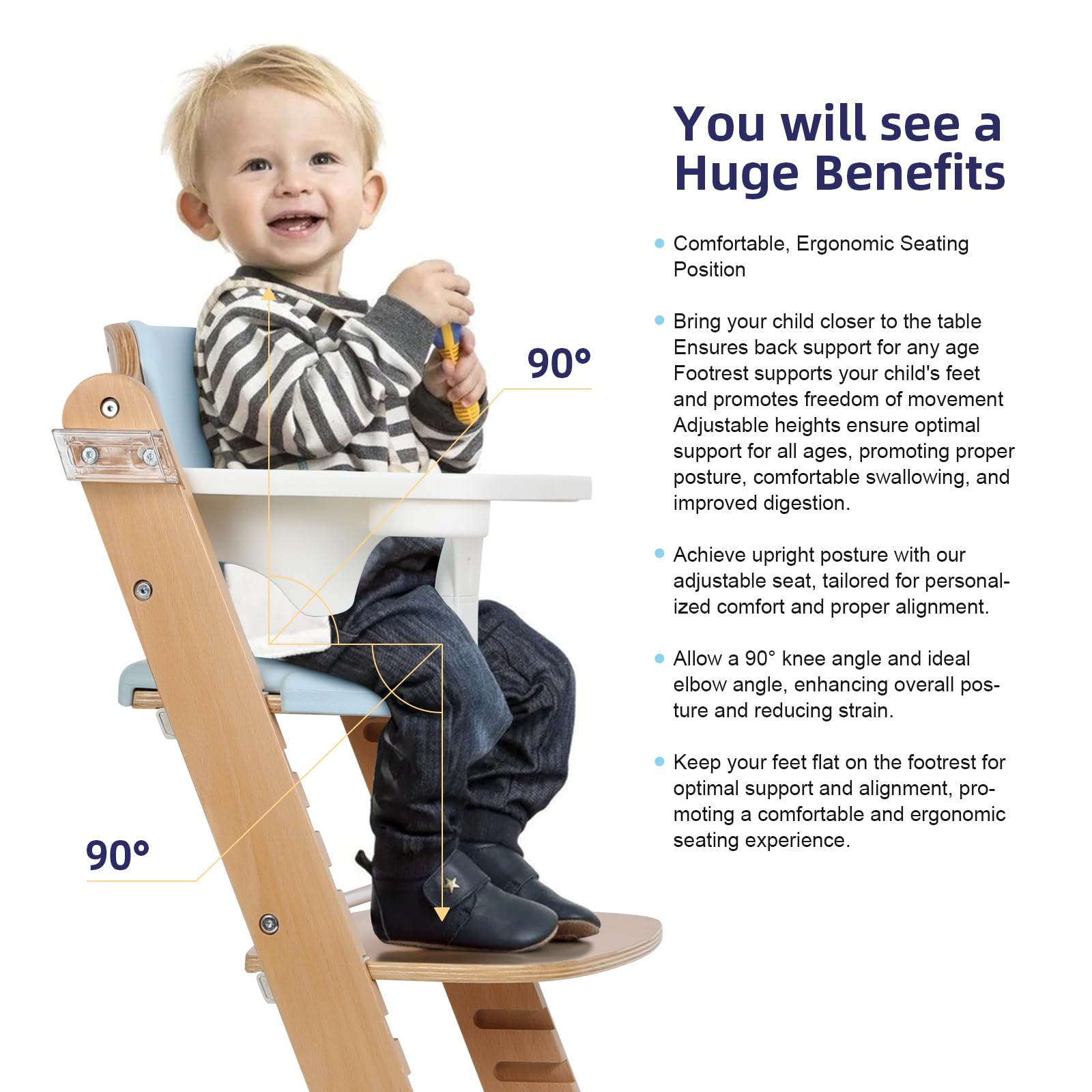 Cowiewie high chair blue harness system secures baby safely without squeezing.
