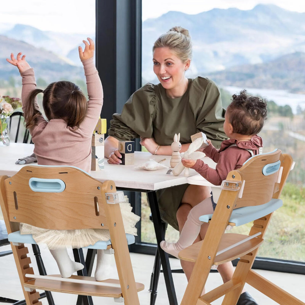 Cowiewie high chair blue seat height adjustment enables comfortable feeding posture.