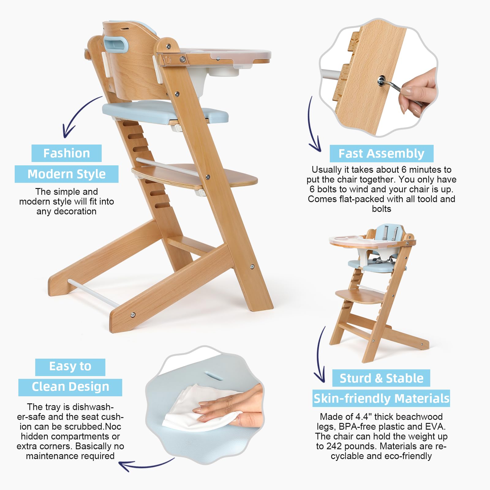Cowiewie high chair blue tray removal demonstrates quick transitions during meals.