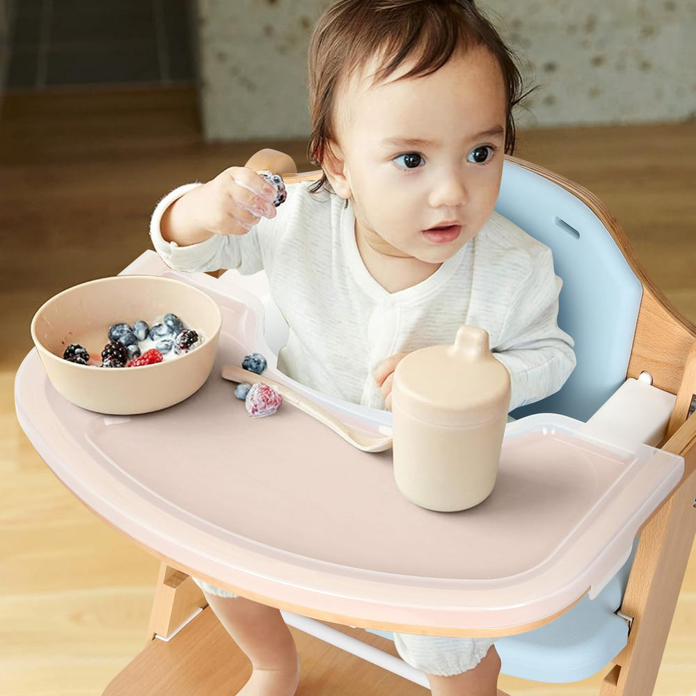 Cowiewie high chair blue wood grain close-up showcases durable beech craftsmanship.