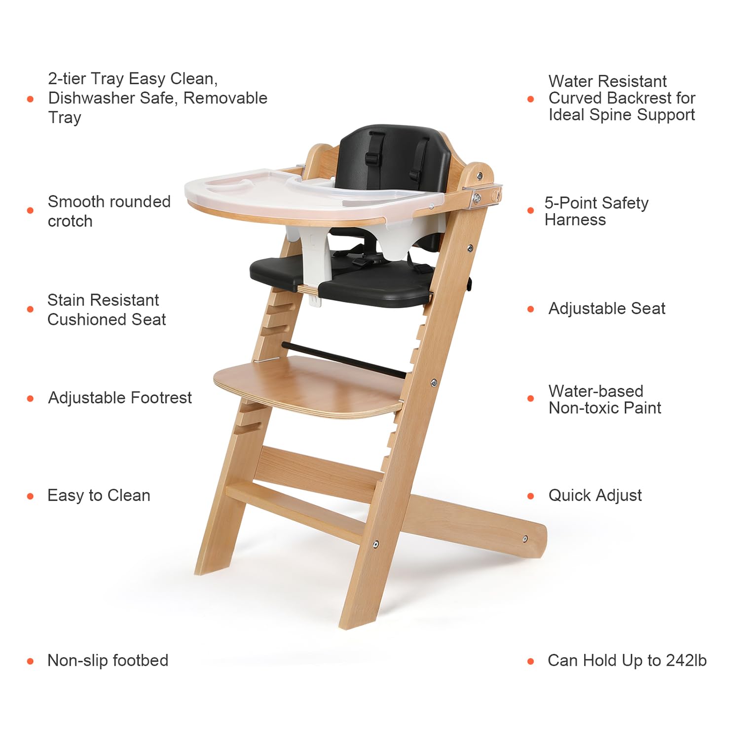Cowiewie highchair padded seat image emphasizes comfort during long meals for babies.