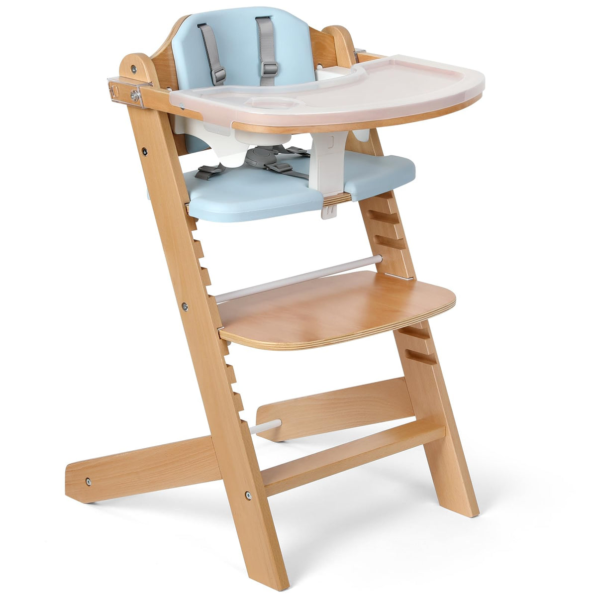 Cowiewie natural wooden high chair blue front view shows sturdy frame for growing meals.