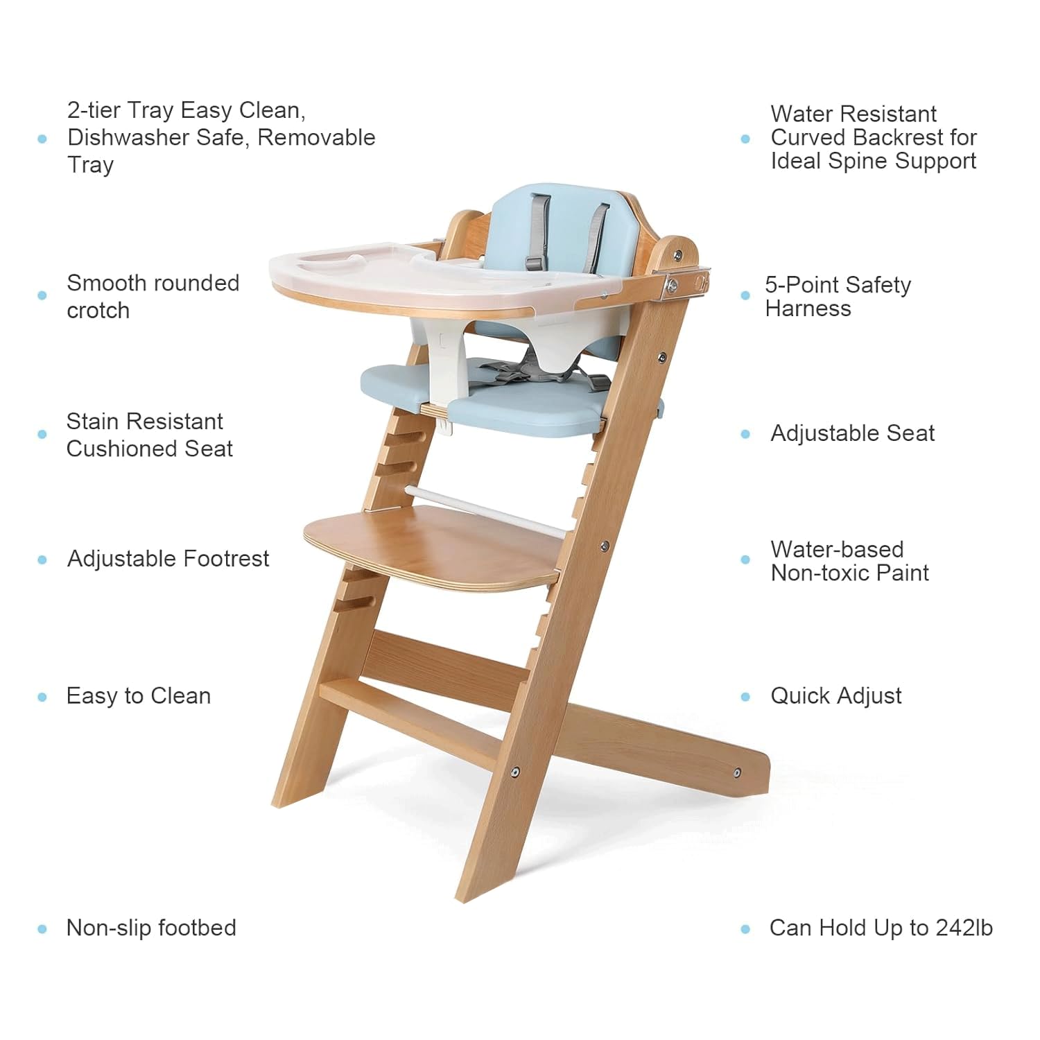 Cowiewie natural wooden high chair blue side profile highlighting adjustable height for growing needs.