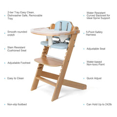 Cowiewie natural wooden high chair blue side profile highlighting adjustable height for growing needs.