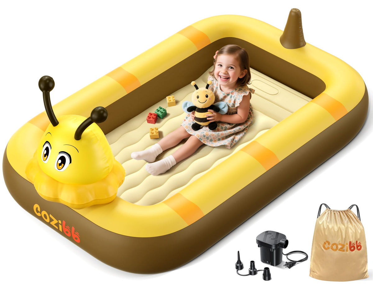 CoziBB inflatable toddler travel bed with bee design for kid-friendly travel comfort