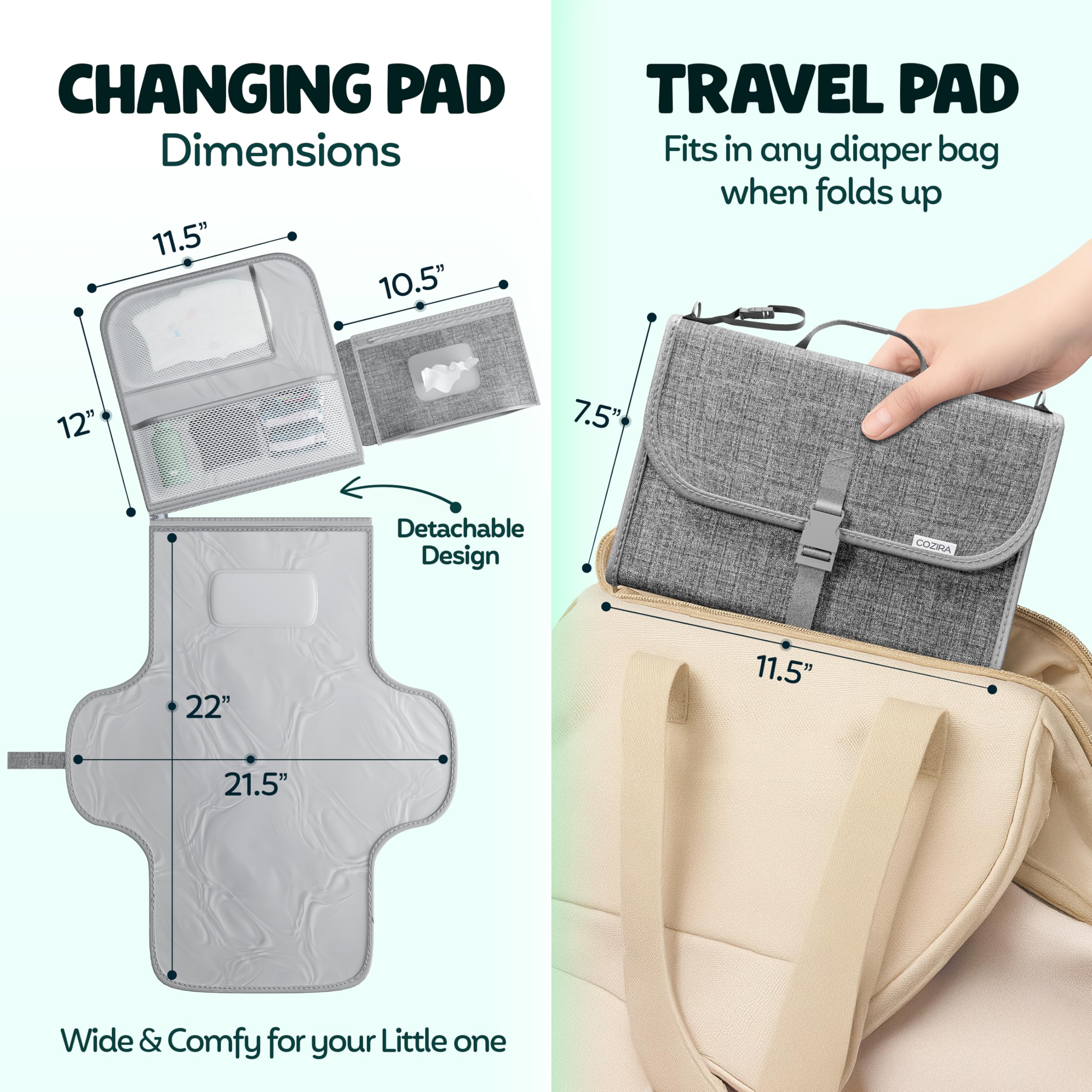 COZIRA portable changing pad opened showing wipe-clean surface and padding.