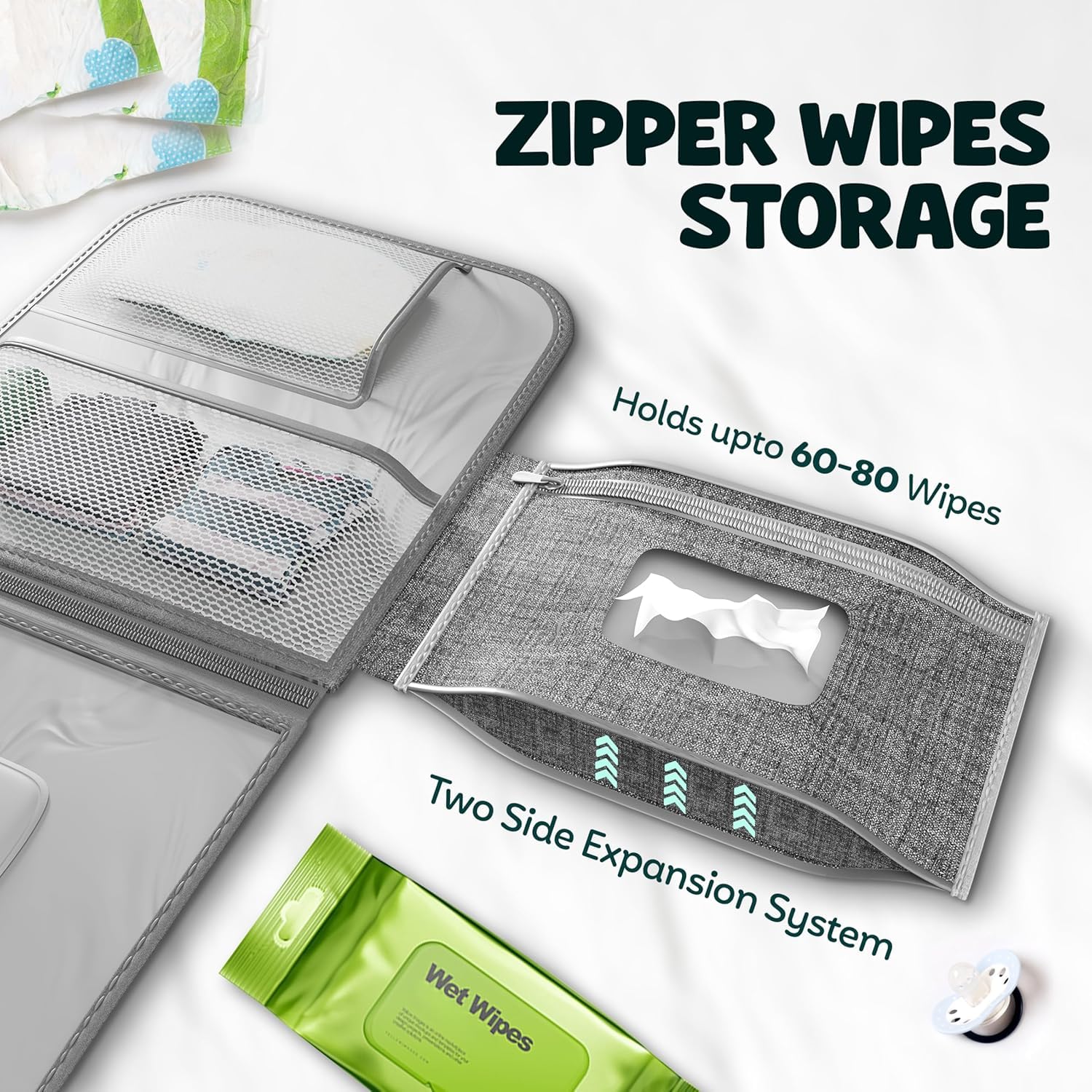 COZIRA smart storage pockets hold diapers, creams, and wipes.