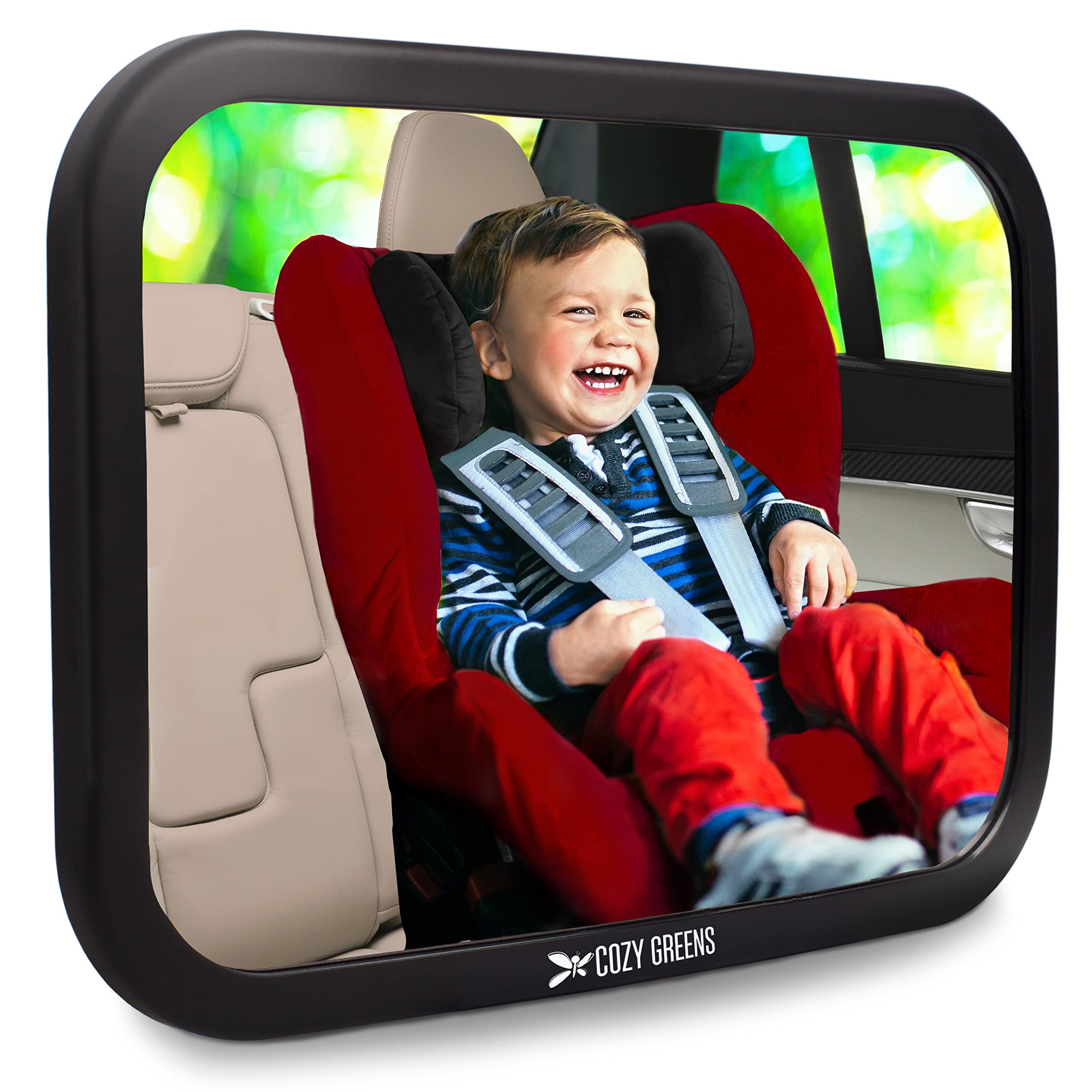 COZY GREENS shatterproof mirror with extra-wide view helps monitor your rear-facing infant while driving.