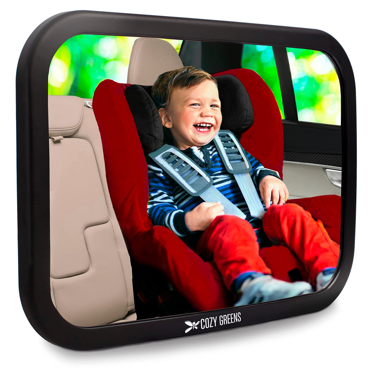 COZY GREENS shatterproof mirror with extra-wide view helps monitor your rear-facing infant while driving.
