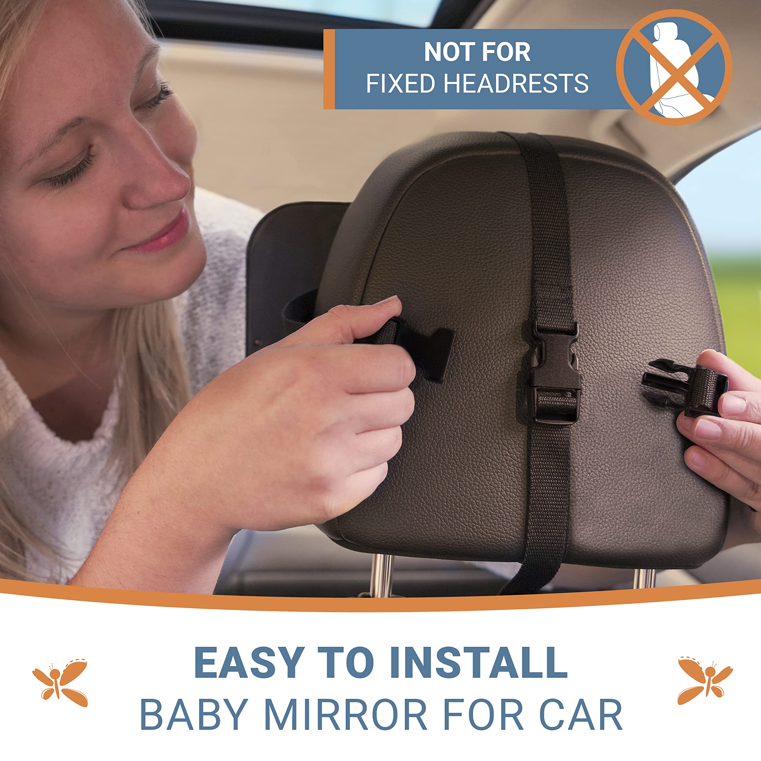 COZY GREENS mirror on headrest strap offers quick, tool-free installation.