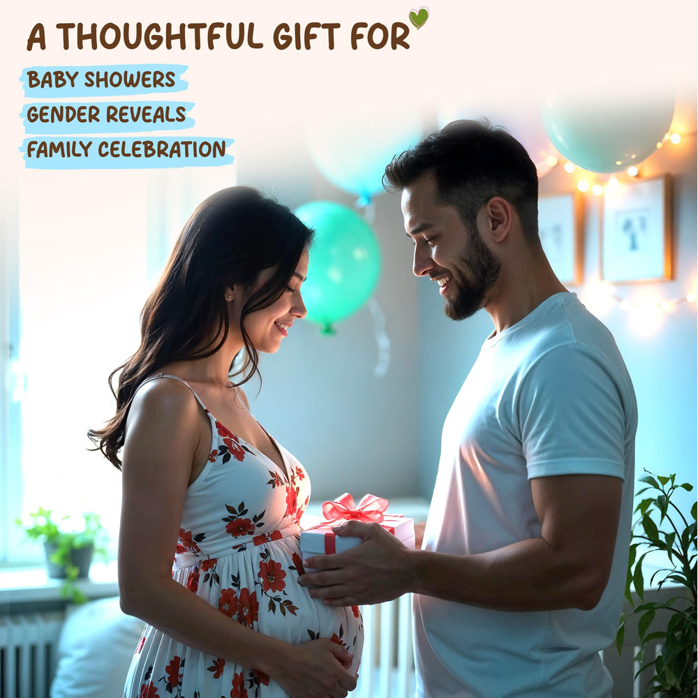 Cozy Peazy acrylic surface—clear space for personalized pregnancy messages.