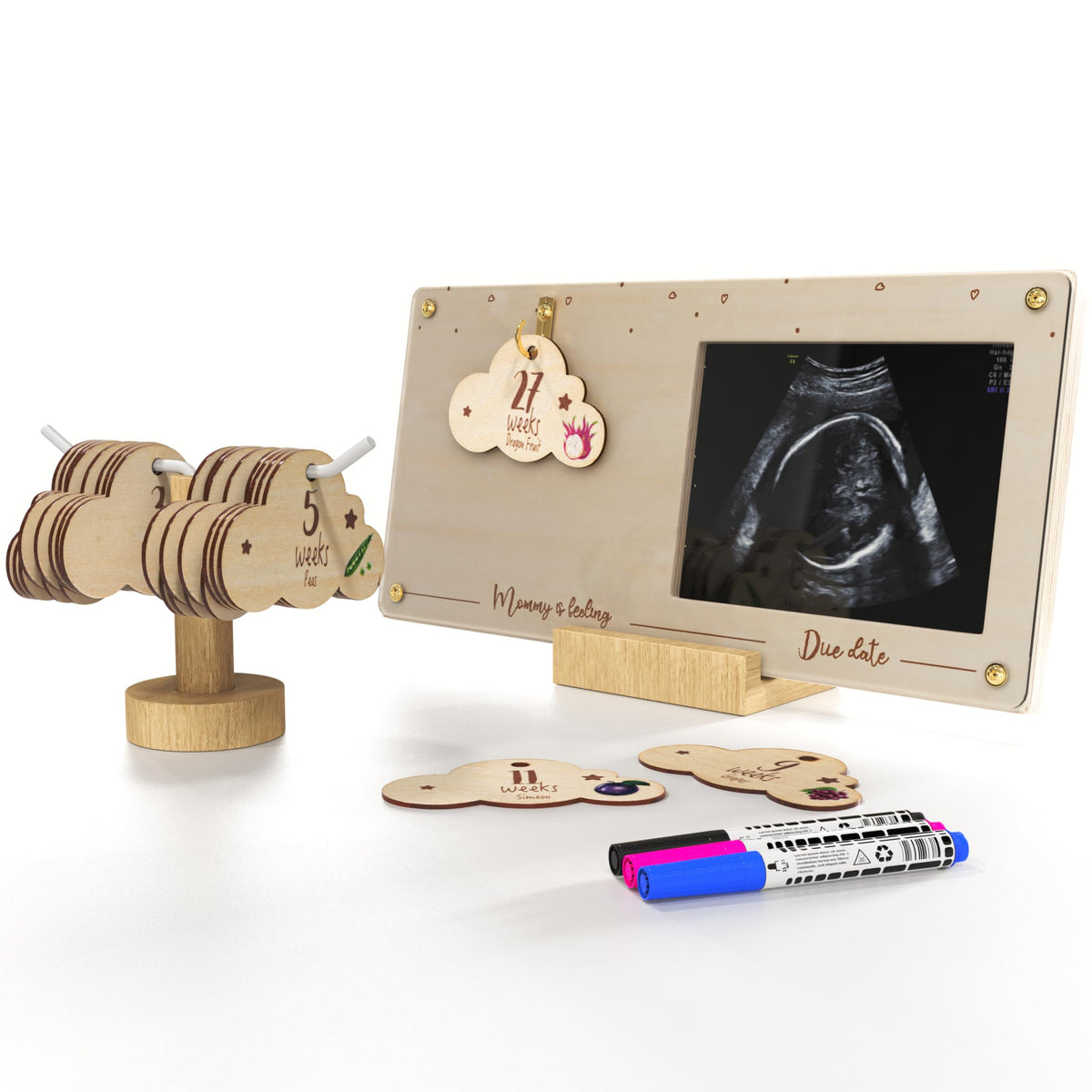 Cozy Peazy pregnancy milestone board with ultrasound frame—capture precious milestones and memories.