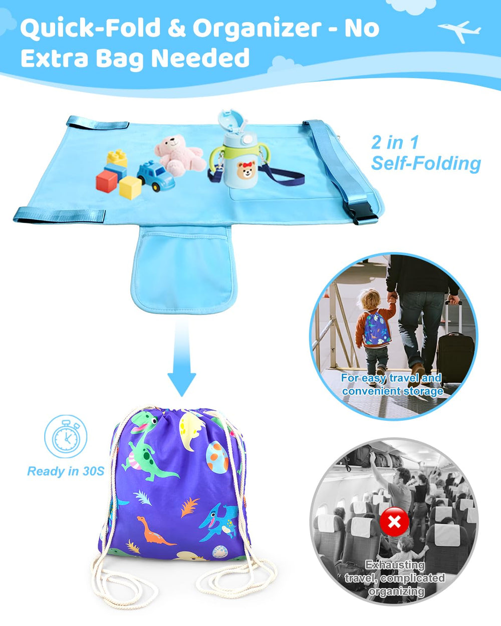 Cozybonder airplane seat extender folds into a backpack for compact travel storage.