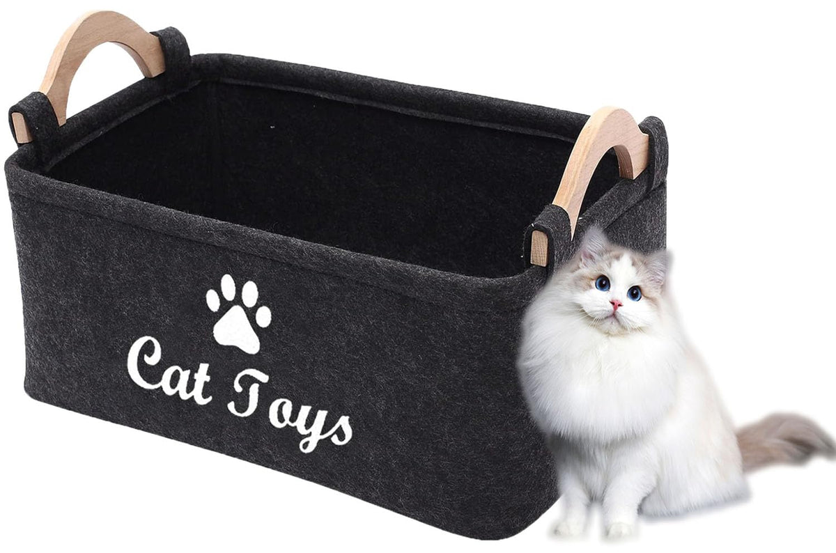 CozyCove felt pet toy box front view with wooden handle for easy toy organization