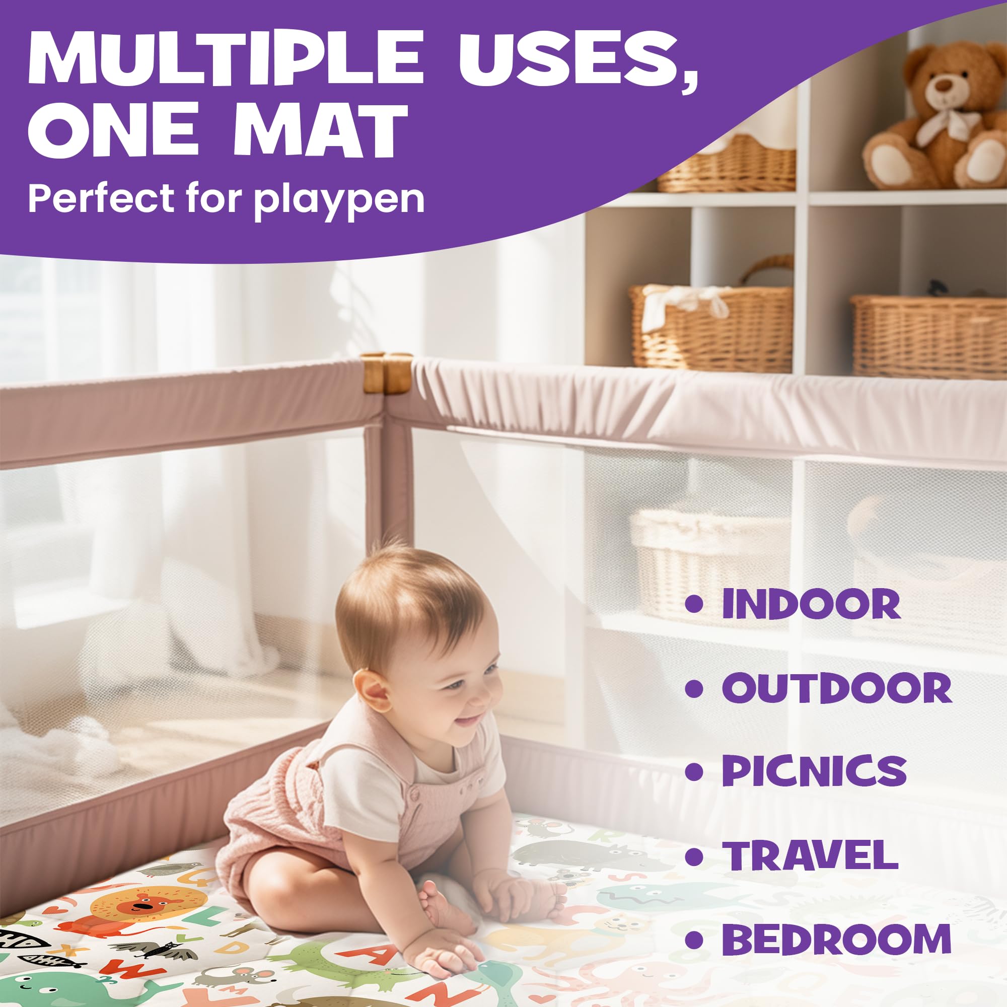 CozyCub play mat fabric is washable for easy cleanups and reuse.