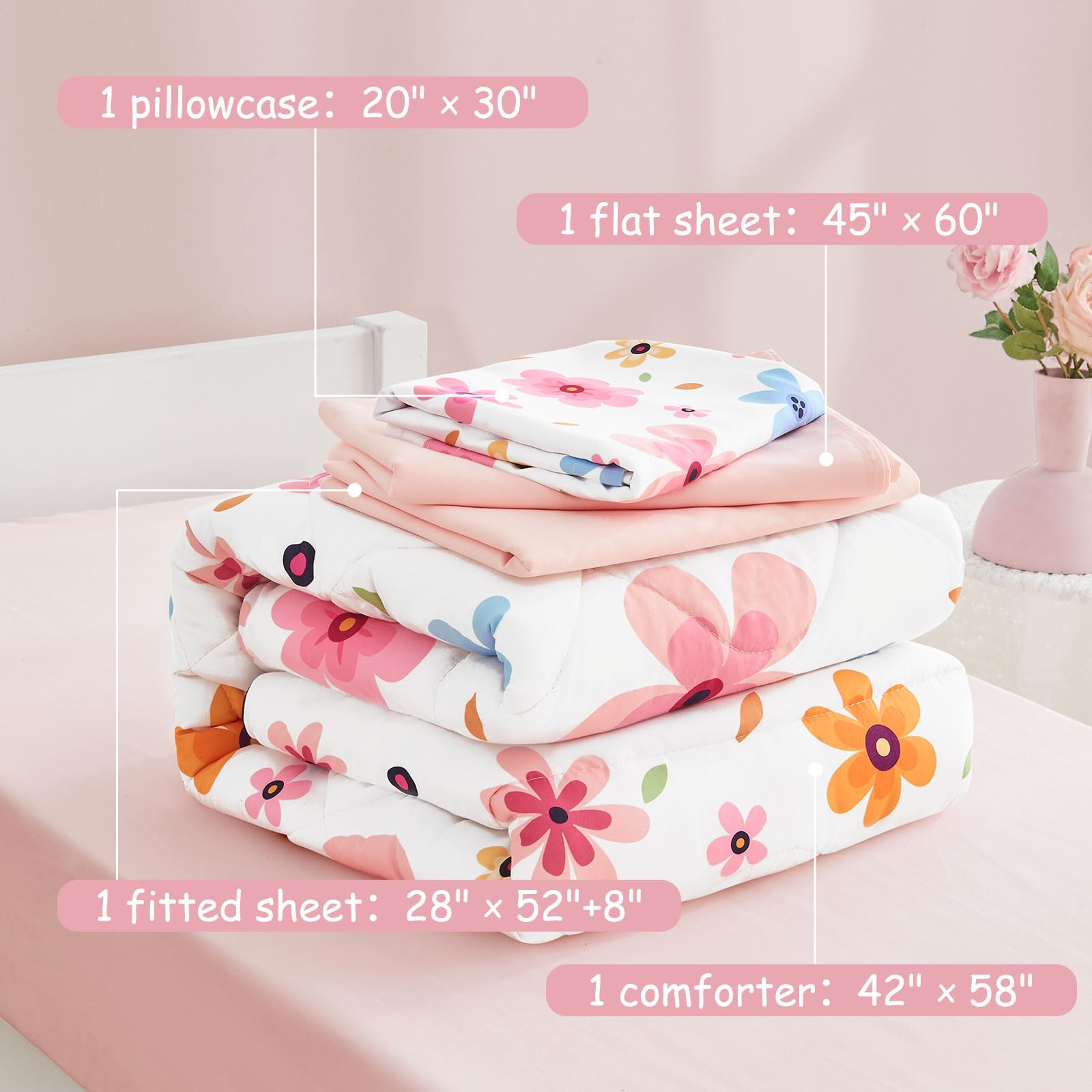 Cozyholy floral flat sheet with vibrant print brightens a toddler's room.