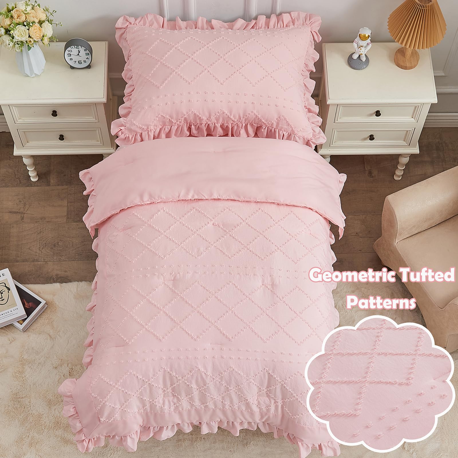 Cozyholy pink ruffle pillowcase with boho charm and soft texture