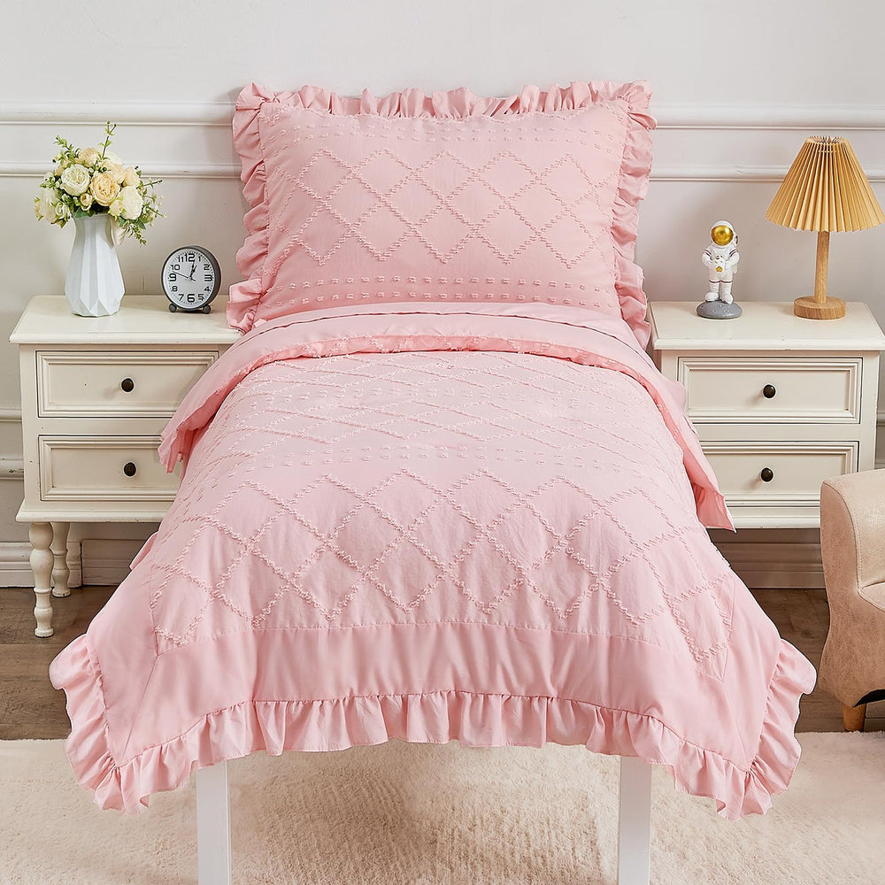 Cozyholy pink toddler bedding in a styled bedroom scene