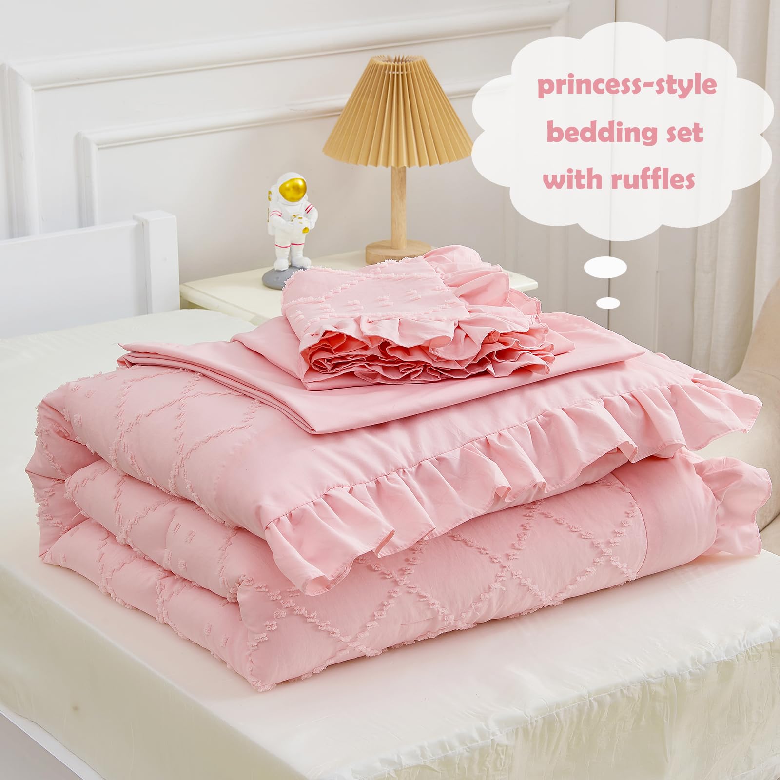 Cozyholy ruffles accent the toddler bedding for a dreamy look
