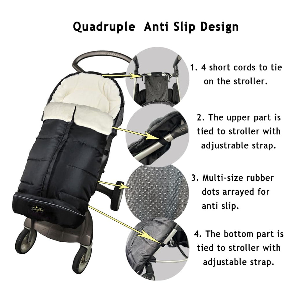 CozyMe 3in1 footmuff attached to stroller shows weatherproof shell and warm fleece liner