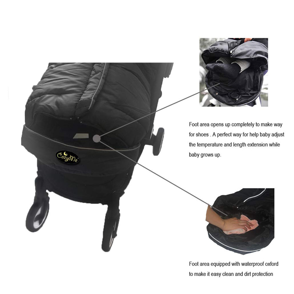 CozyMe footmuff harness-friendly design with reflective strip enhances visibility and fit