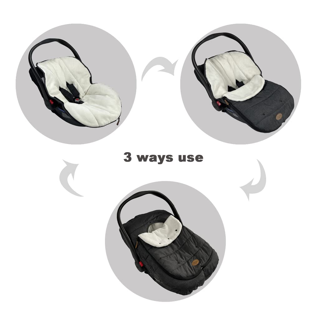 CozyMe infant winter bunting demonstrates warmth and easy in-and-out access.