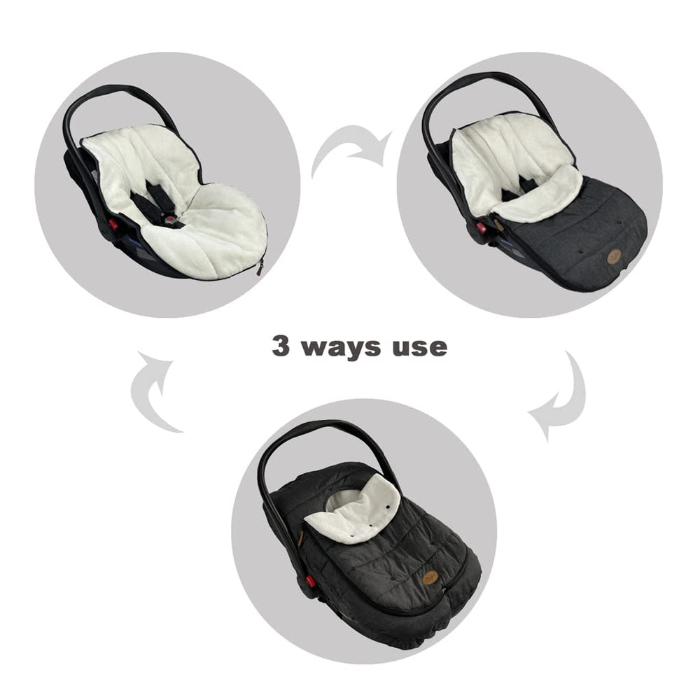 CozyMe infant winter bunting demonstrates warmth and easy in-and-out access.