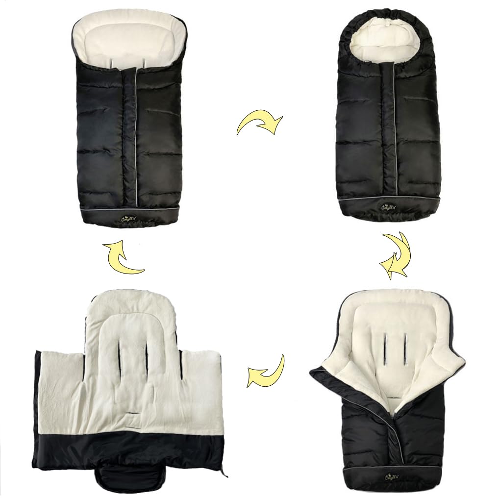 CozyMe stroller bunting black waterproof highlights all-weather protection for baby on outings.